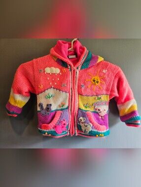 Pink Kids Zip-Up Animal Embroidered Sweater